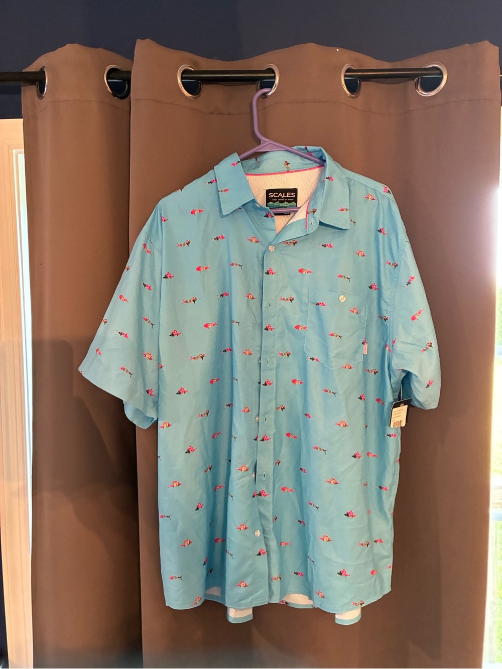 Men’s Scales Trippy Fish Short Sleeve Button Down Powder Blue Size XL